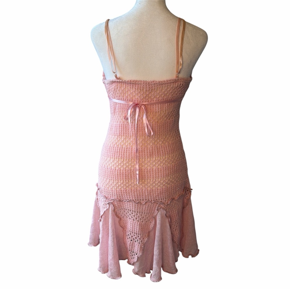 Zone Bleue Baby Pink Knit Fairycore Asymmetrical Sleeveless Dress with Bow - Picture 2 of 6